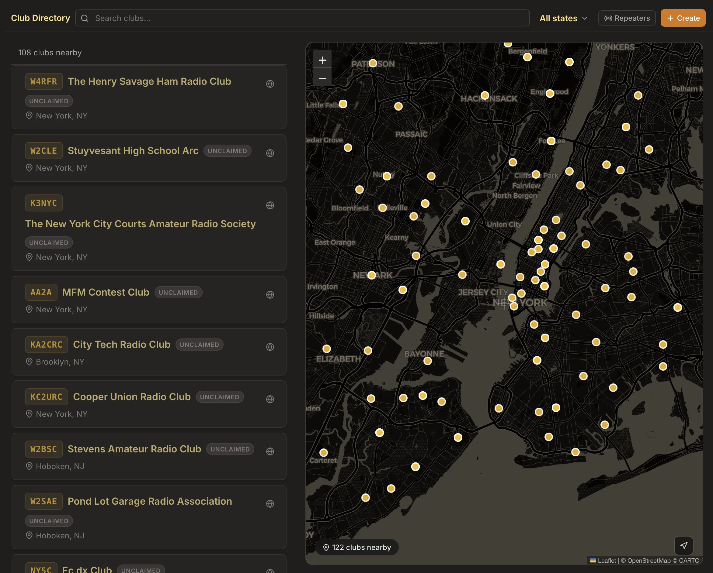 Groundwave map and directory for finding amateur radio clubs by location